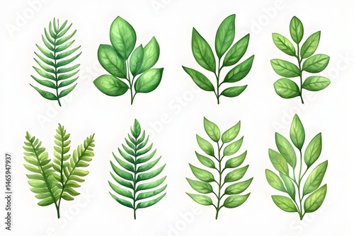 Collection of eight watercolor-style green leaves, illustrating various shapes and textures of foliage