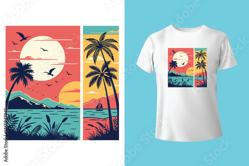 Retro Surfing Wave Vector with Palm Trees and Sunburst Background for Summer T-Shirt Design