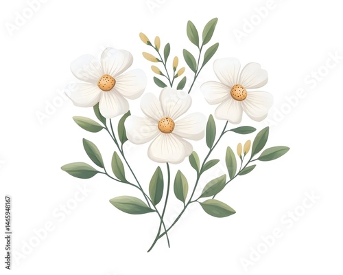 Delicate white blossoms cluster with green leaves, creating a charming floral arrangement