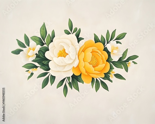Elegant floral arrangement featuring creamy white and sunny yellow peonies, complemented by lush green foliage