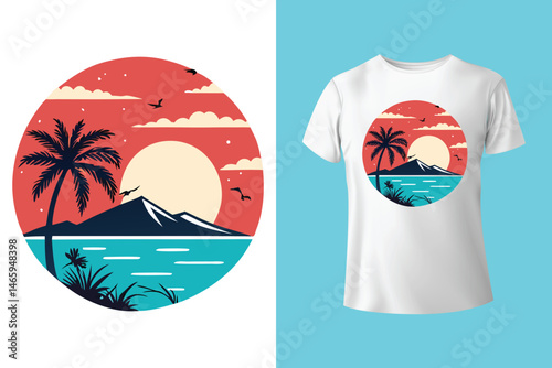 Retro Surfing Wave Vector with Palm Trees and Sunburst Background for Summer T-Shirt Design