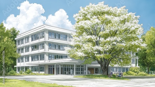 White Building Facade with Flowering Tree Under Sky For Business