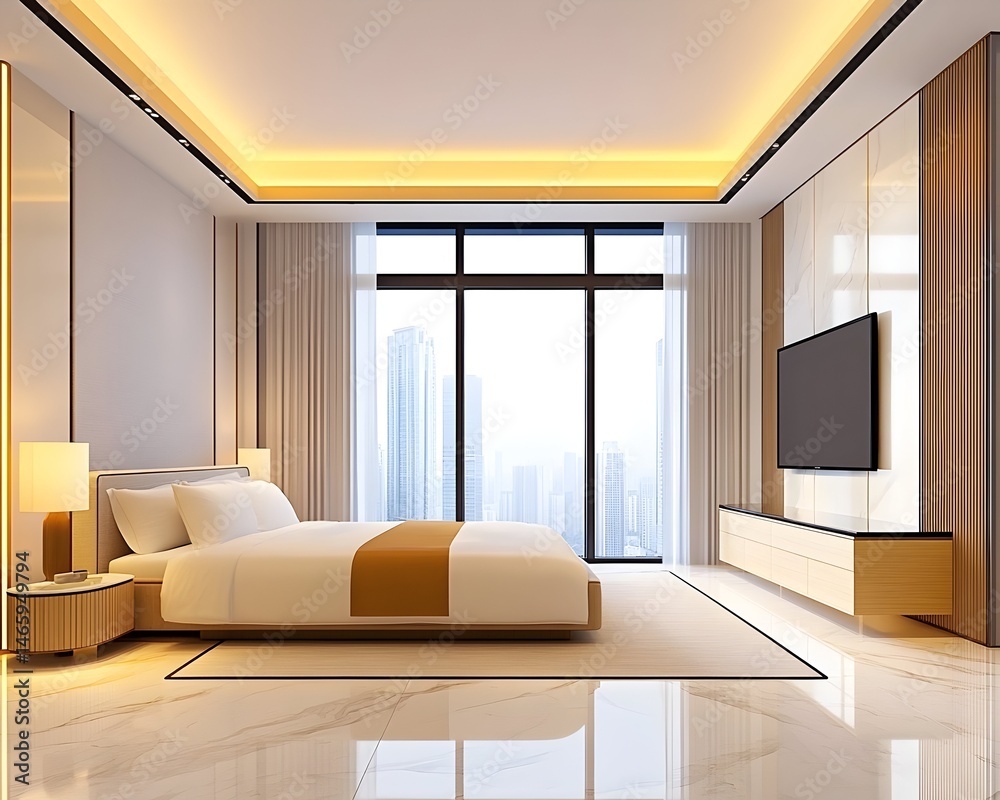 Fototapeta premium Modern bedroom with city view, featuring a large bed, ample natural light, and a sleek entertainment center