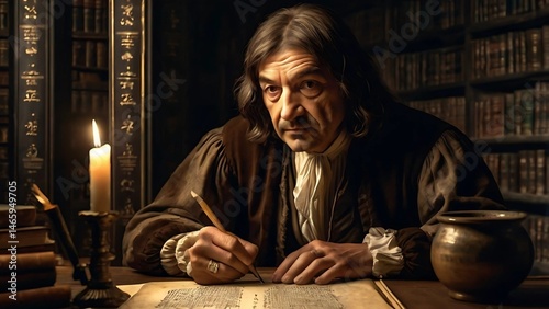 Fictional Portrait of René Descartes in an Ancient Library - An Artistic Representation of Philosophy