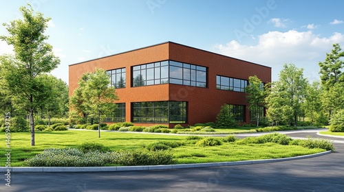 Modern corporate office building with sustainable design featuri