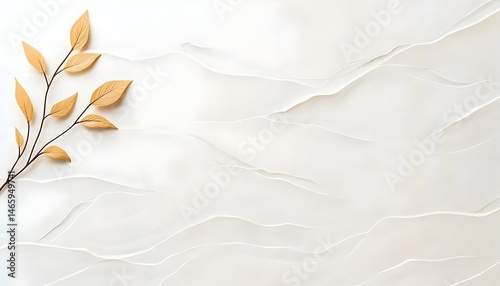 Minimalist design featuring a branch with golden leaves on a textured white background, leaving ample space for text or design elements