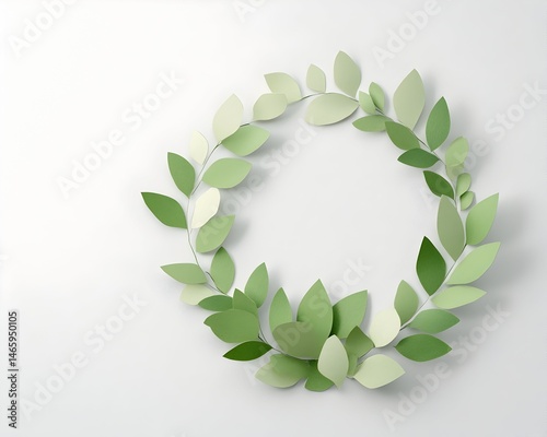 Papercrafted foliage wreath, various shades of green leaves form a circular frame on a white background