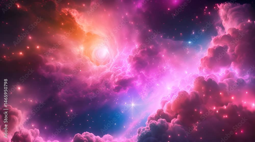 A cosmic explosion of colors, with swirling nebulae in vibrant hues of pink, blue, and gold, set against a backdrop of twinkling stars