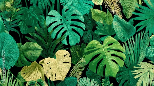 Wallpaper Mural Seamless tropical pattern with lush monstera & palm leaves. Perfect for summer vibes, textiles, wallpapers, and exotic botanical designs. Torontodigital.ca