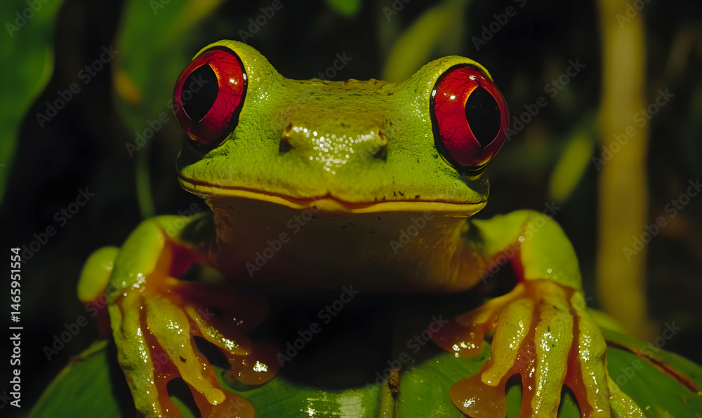 Fototapeta premium Striking close-up of a vibrant red-eyed tree frog perched on a lush green leaf at night.