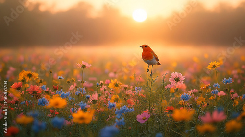 Colorful wildflower field at sunrise with glowing morning mist and vibrant floral bloom.