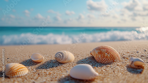 Seashell on sandy beach with gentle ocean wave at golden hour under soft cloudy sky.