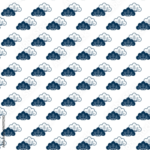 Umbrella Pine Seamless Japanese Traditional Pattern Background in Navy Blue for textile, background, kimono, and decoration design