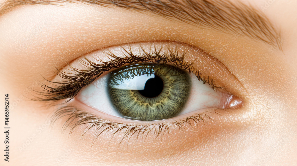 Fototapeta premium A woman's eye is shown in a close up. The eye is green and has a black pupil. The eye is surrounded by a thin line of eyelashes