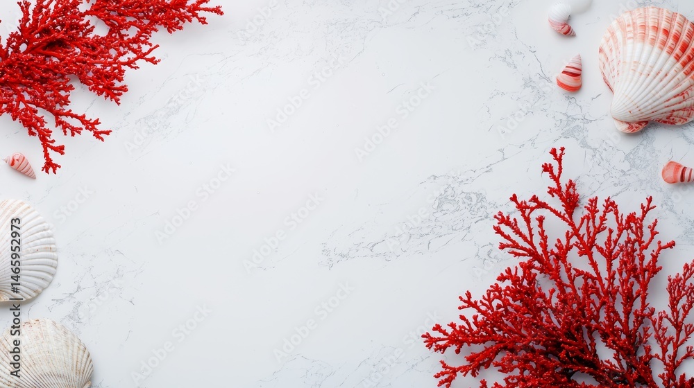 Vibrant Coral and Seashells on Marble Surface Vibrant Coral and Seashells on Marble Surface