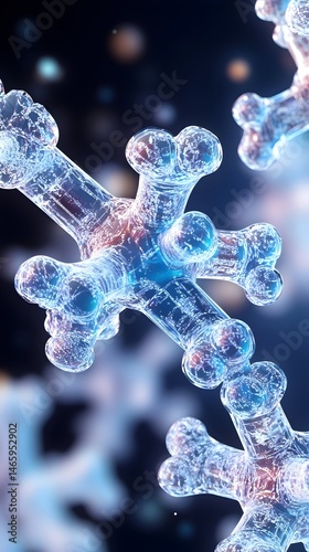 Crystalline structures, glowing blue and red, intricately detailed, forming a chain in dark background