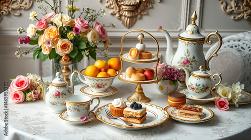 Luxurious setup of a tea party featuring fine porcelain, vibrant fruits, tea pots, and delicious pastries, arranged with ornate details and surrounded by floral decorations exuding charm and sophistic