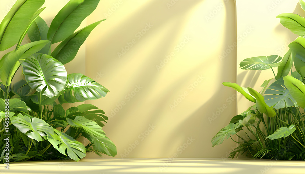 Obraz premium Lush tropical foliage flanking a pale yellow wall with arched recess, bathed in sunlight. Ideal for product display or wellness themes.