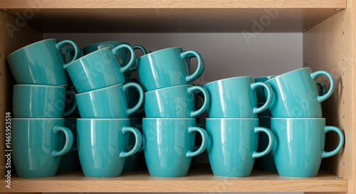 Multiple teal ceramic mugs neatly stacked in rows on a wooden shelf inside a cabinet, ready for use or storage