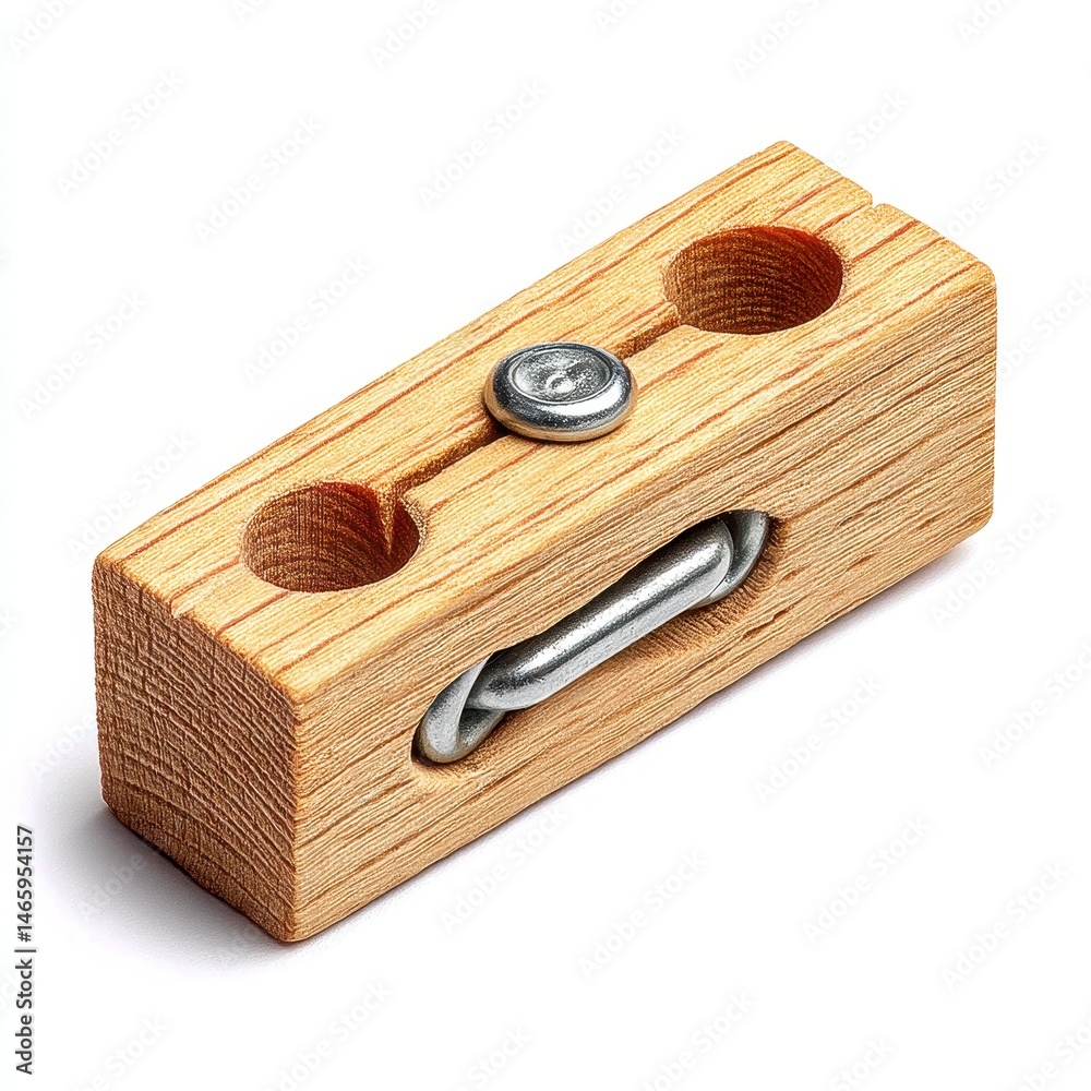 Small Light Brown Wooden Block with Metal Pin and Chain on White Background