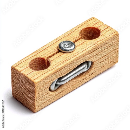 Obraz na płótnie Small Light Brown Wooden Block with Metal Pin and Chain on White Background w salonie
