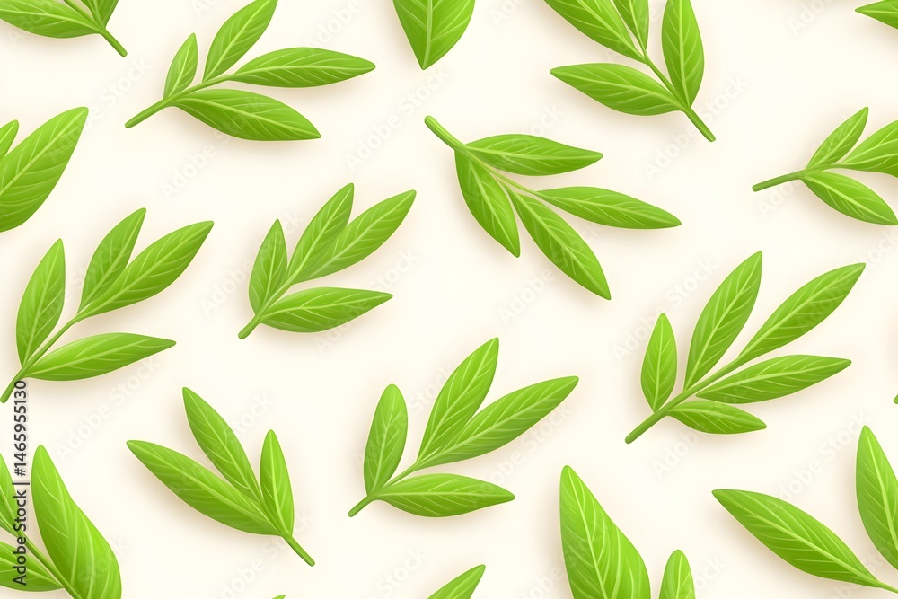 A repeating pattern of bright green leaves on a soft beige background. The leaves are depicted realistically, exhibiting variation in arrangement A repeating pattern of bright green leaves on a soft beige background. The leaves are depicted realistically, exhibiting variation in arrangement