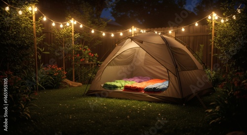 Backyard camping tent setup with string lights for outdoor family fun and summer night adventure photo