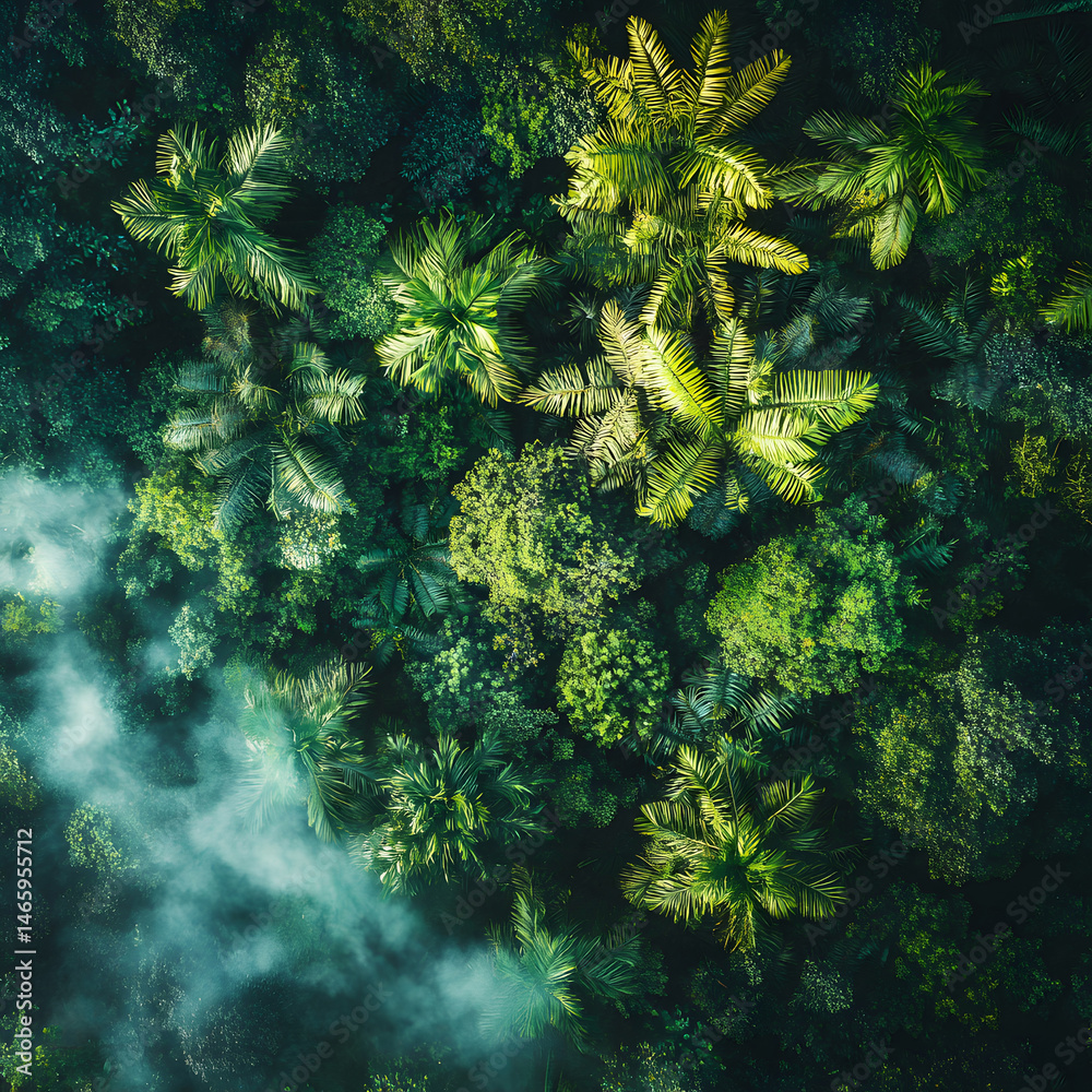 Dense rainforest canopy viewed from above with mist rising through the treetops, showcasing untouched tropical wilderness and rich biodiversity of humid climate in early morning light