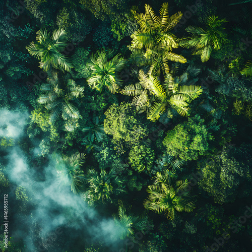 Obraz na płótnie Dense rainforest canopy viewed from above with mist rising through the treetops, showcasing untouched tropical wilderness and rich biodiversity of humid climate in early morning light w salonie