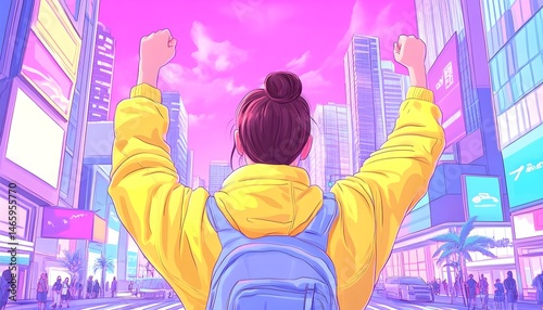 A woman with a backpack celebrates amidst a vibrant cityscape at sunset, arms raised in triumph