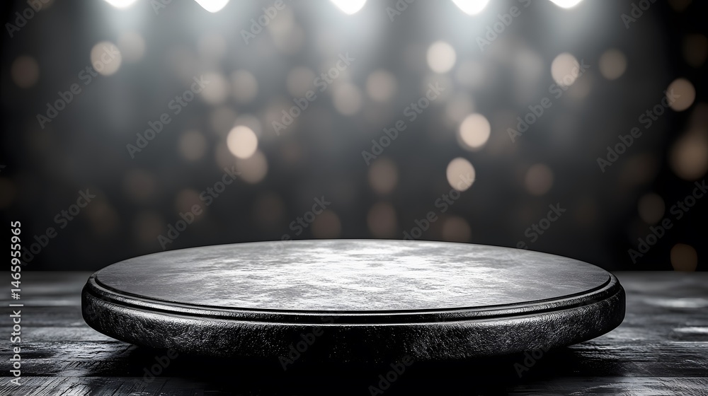 Obraz premium Dark Metal Product Display Stand Spotlight Bokeh Background