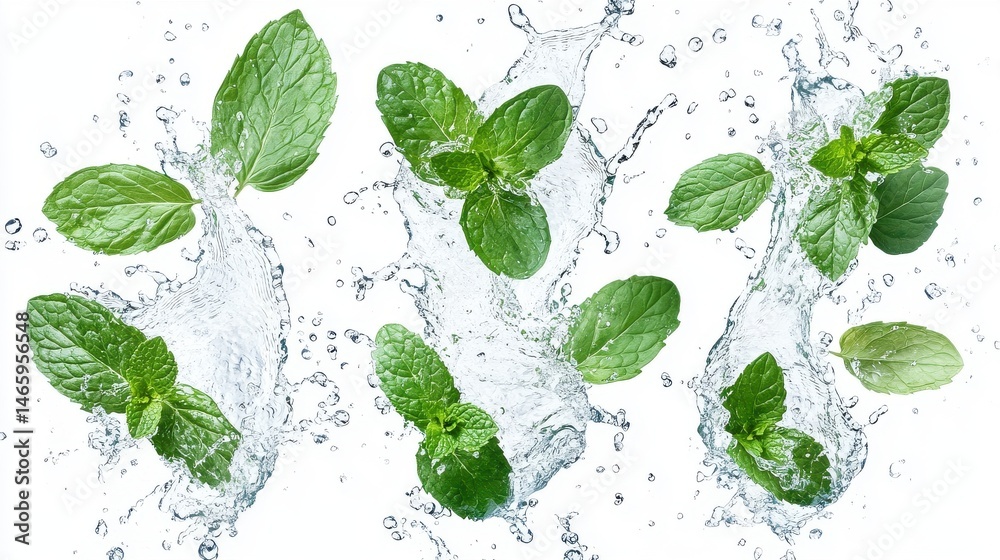 Fresh mint leaves with splashing water isolated on transparent background Fresh mint leaves with splashing water isolated on transparent background
