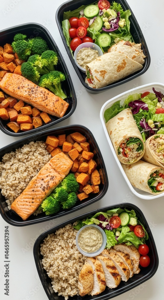 Healthy meal prep containers with salmon chicken wraps salad sweet potato broccoli for diet and nutrition Healthy meal prep containers with salmon chicken wraps salad sweet potato broccoli for diet and nutrition