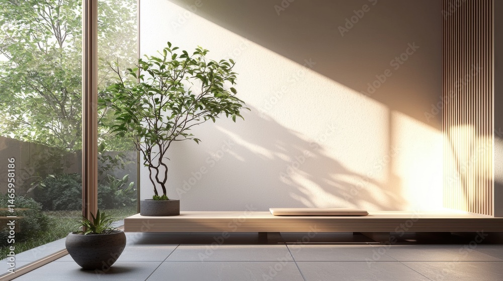 Fototapeta premium Serene Indoor Space with Minimalist Design and Green Plant Accents