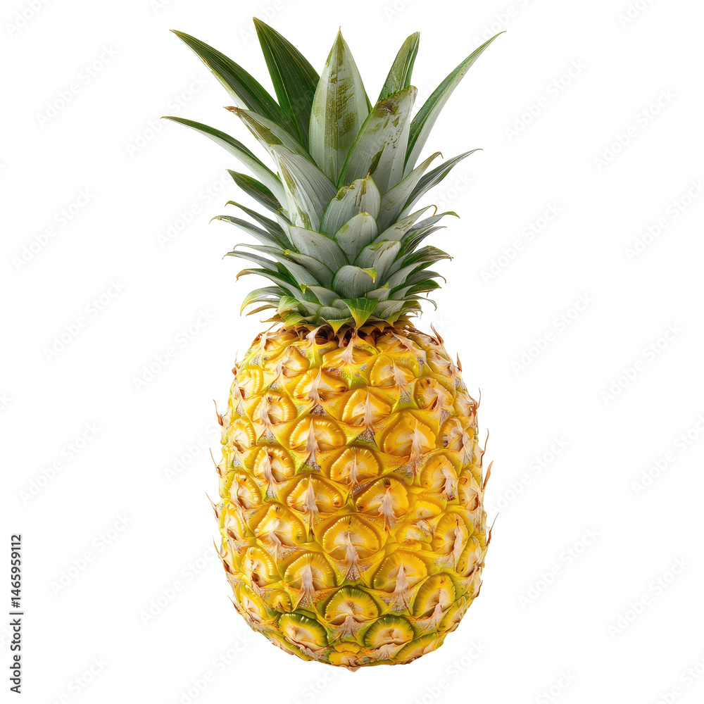 Fototapeta premium Ripe pineapple, vibrant yellow, green leaves