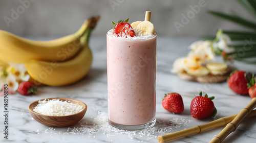 Delicious Strawberry Banana Smoothie in Tall Glass, Adorned with Coconut Flakes and Fresh Fruit, Surrounded by Smoothie Ingredients on Marble Surface (AI Image)