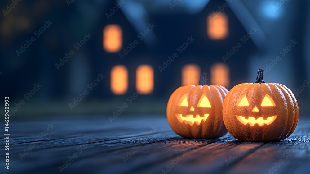 Fototapeta premium Two illuminated jack-o'-lanterns sit on a weathered wood surface before a spooky house at night