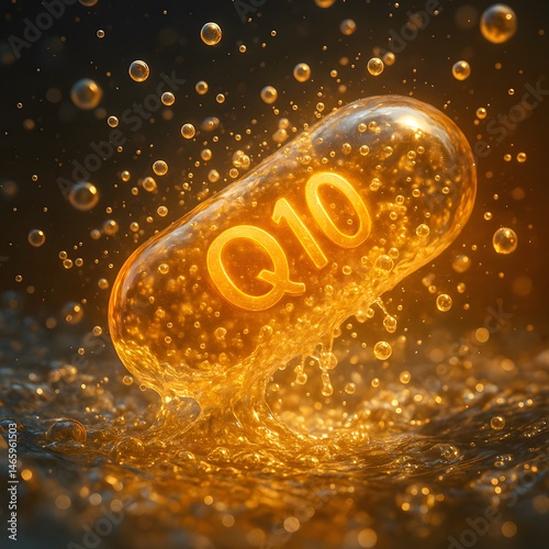 Coenzyme Q10 Capsule with Glowing Liquid and Bubbles – Supplement Concept