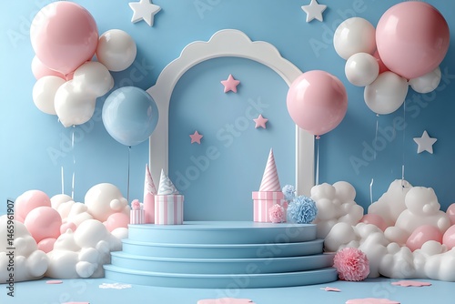 Pastel birthday celebration design featuring balloons clouds stars and a blue stage