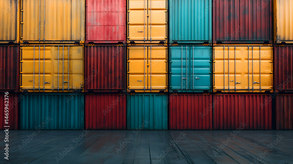 Fototapeta premium Stacked colorful shipping containers form a wall against a blurred wooden floor.