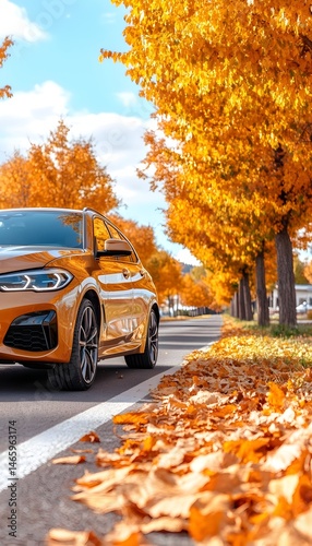 Golden car drives along autumnal road lined with vibrant yellow trees