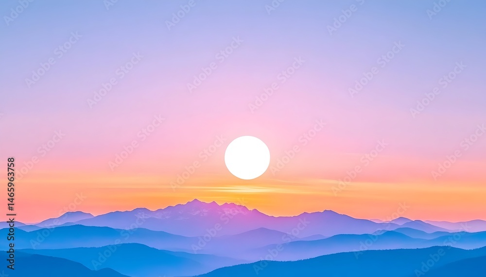 Fototapeta premium Serene sunset over a range of hazy, blue mountains, the sun a bright white disc above the horizon
