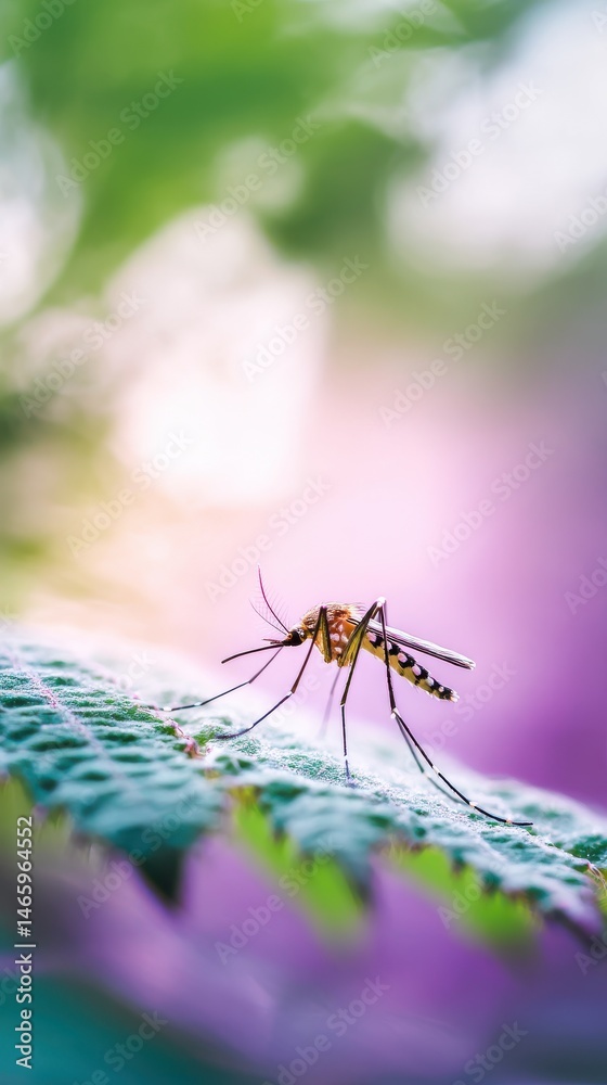 Naklejka premium Detailed shot of a mosquito resting on a vibrant green leaf showcasing the intricate details and delicate nature of this small insect in its natural environment