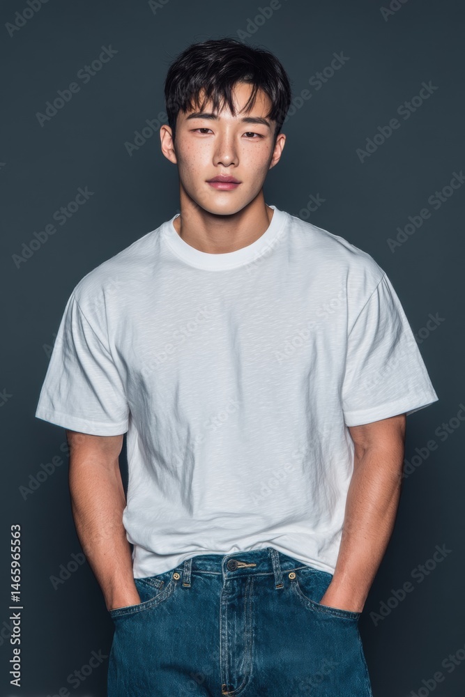 Fototapeta premium A young man stands confidently against a dark background, wearing a plain white t-shirt and jeans with his hands in his pockets.