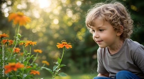 Cute child watching bee on orange flower in garden nature photography for kids and wildlife lovers
