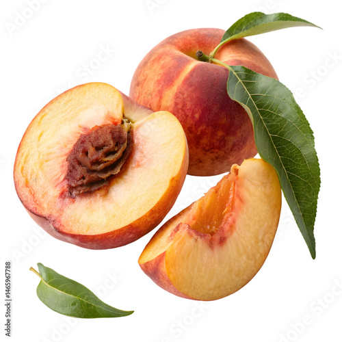Ripe peach cut in pieces with leaves