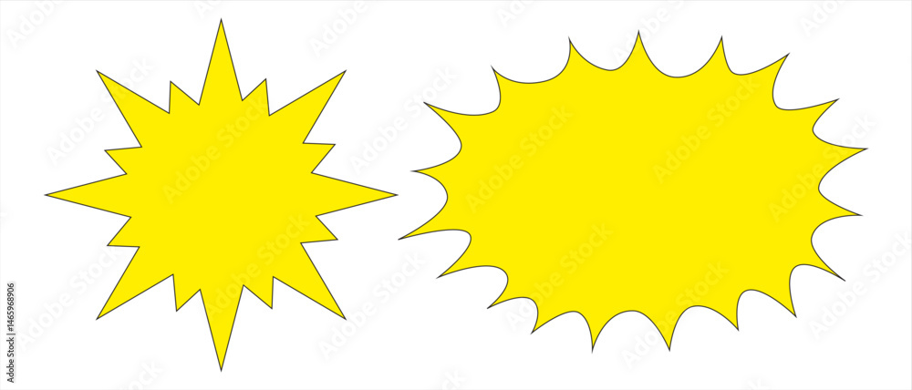 starburst yellow speech bubbles or baloon for comic design illustration. Comic burst, bursting star sticker, vector boom or explotion. communication concept
