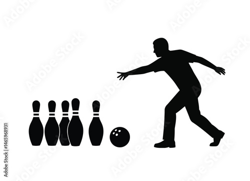 Bowling silhouette. This image shows a silhouette of a person bowling, depicting the action of rolling a ball down a lane toward pins. Vector clipart illustration design.