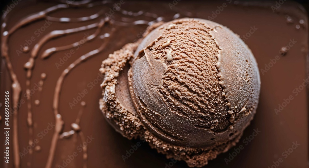 A rich scoop of chocolate ice cream displayed on a brown surface, capturing the essence of summer treats A rich scoop of chocolate ice cream displayed on a brown surface, capturing the essence of summer treats
