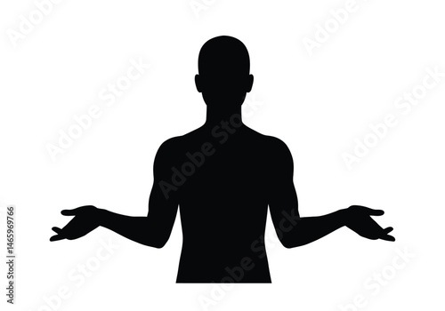 Shoulder shrug silhouette. This image shows a person in a shoulder shrug pose, depicted as a black silhouette, representing indifference or uncertainty. Vector clipart illustration design.